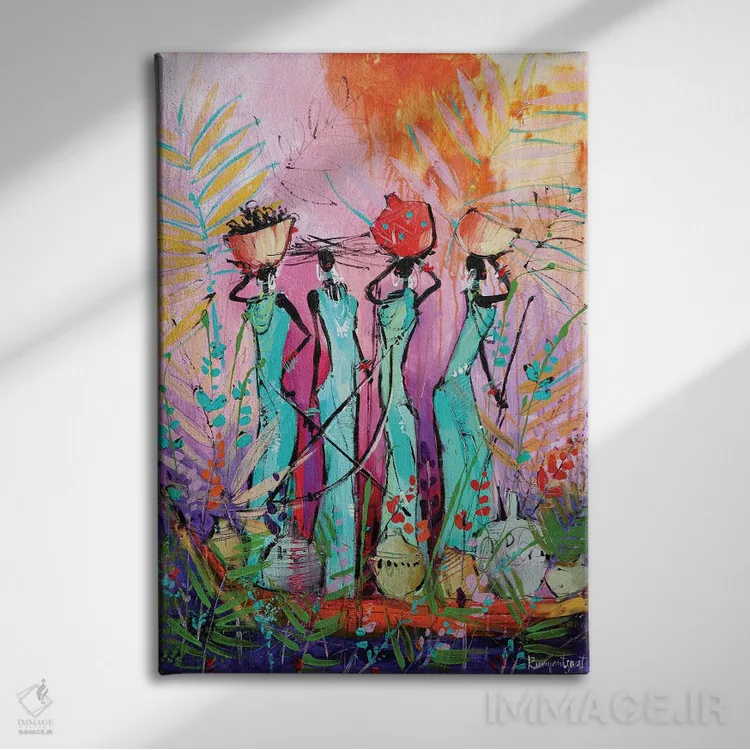 تابلو دکوراتیو زنان قبیله ای آفریقایی ۳ اثر ایرینا رومیانسه وا - نمای روبهرو روی دیوار