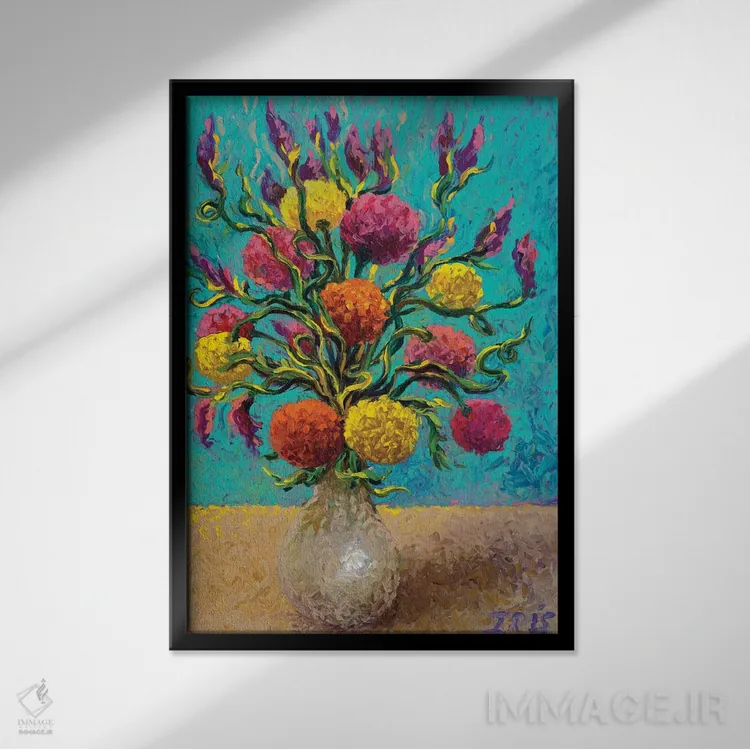 تابلو دکوراتیو گلدان تازه رنگ شده اثر آیریس اسکات - نمای قابدار مشکی