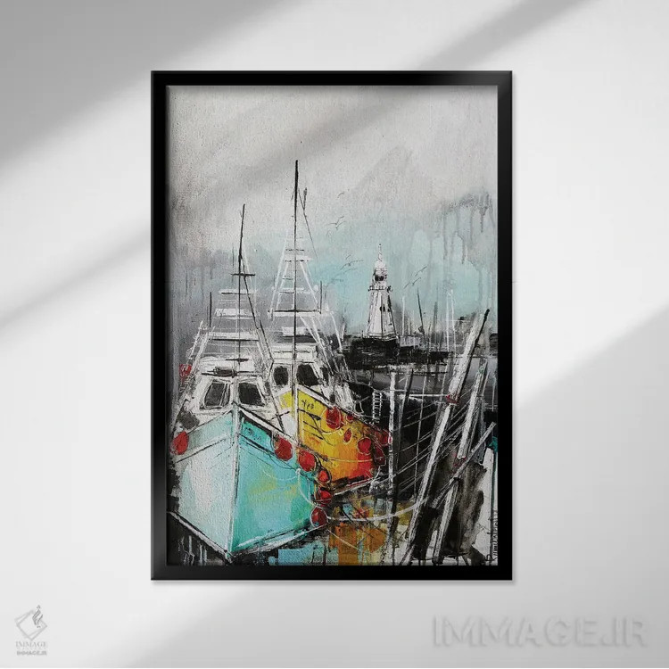 تابلو دکوراتیو قایق های بادبانی در بندرگاه اثر ایرینا رومیانسه وا - نمای قابدار مشکی