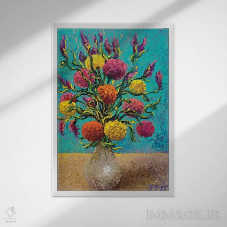 تابلو دکوراتیو گلدان تازه رنگ شده اثر آیریس اسکات - نمای قابدار سفید