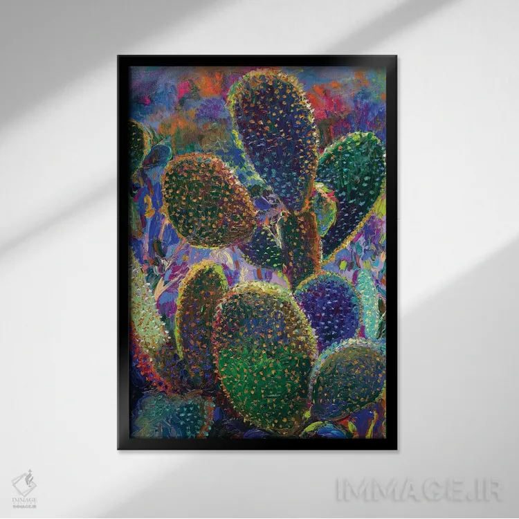 تابلو دکوراتیو کاکتوس شبانه اثر آیریس اسکات - نمای قابدار مشکی