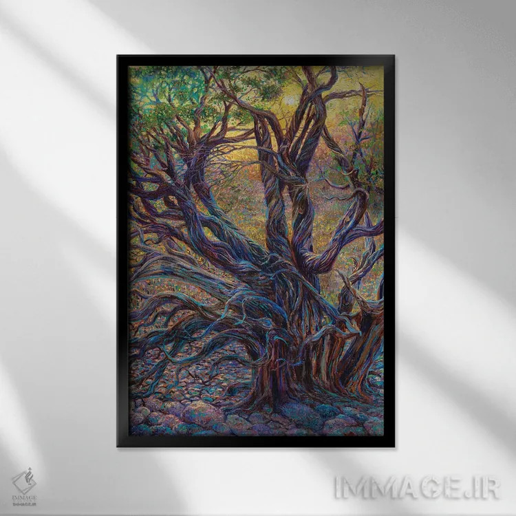 تابلو دکوراتیو دار قالی زرشک اثر آیریس اسکات - نمای قابدار مشکی