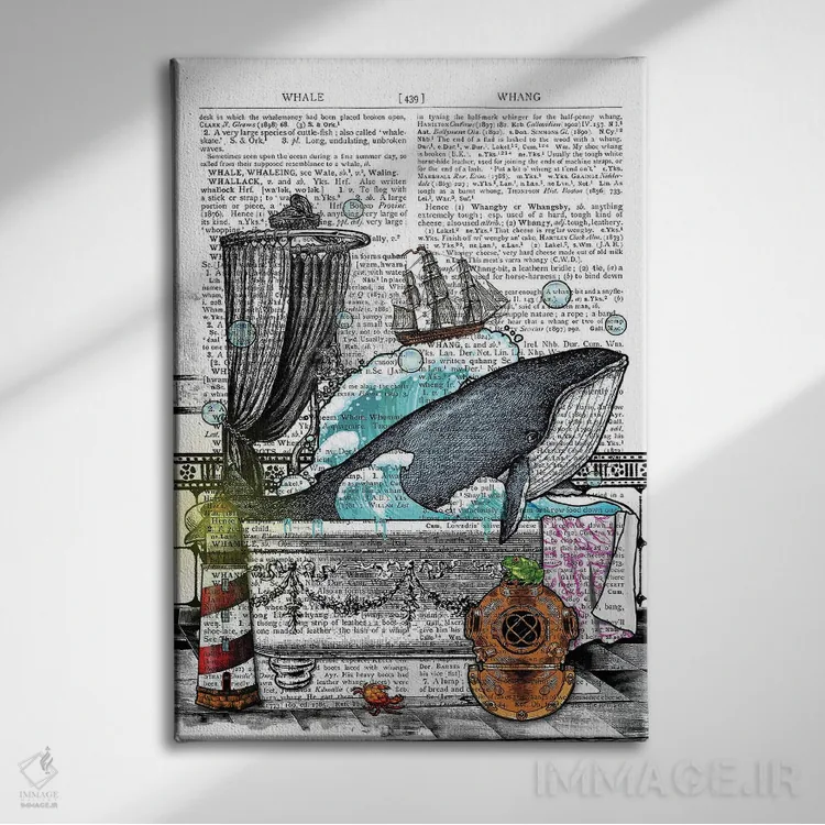 تابلو دکوراتیو یک نهنگ در وان است اثر این د فریم شاپ - نمای روبهرو روی دیوار