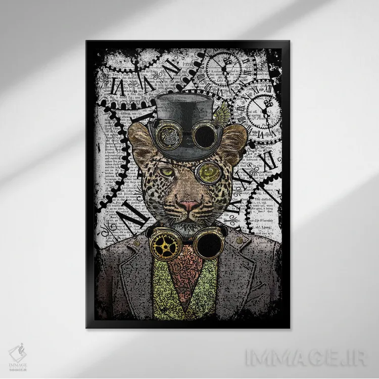 تابلو دکوراتیو پلنگ استیم پانک اثر این د فریم شاپ - نمای قابدار مشکی