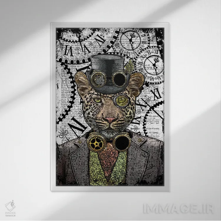 تابلو دکوراتیو پلنگ استیم پانک اثر این د فریم شاپ - نمای قابدار سفید