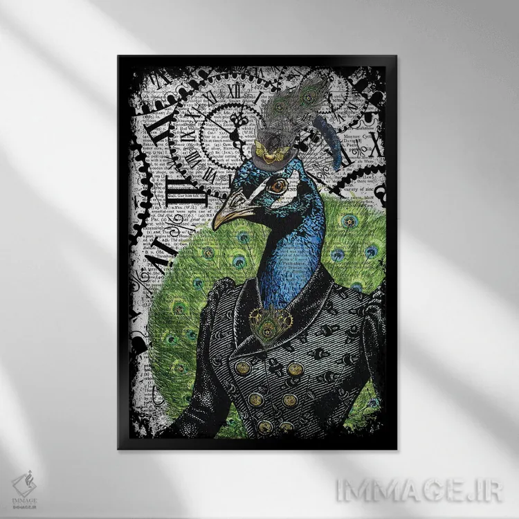 تابلو دکوراتیو طاووس استیم پانک اثر این د فریم شاپ - نمای قابدار مشکی