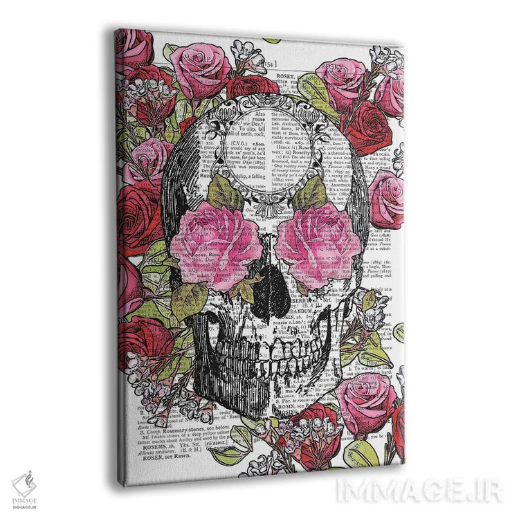 تابلو دکوراتیو جمجمه و گل های رز اثر این د فریم شاپ - نمای پرسپکتیو محصول