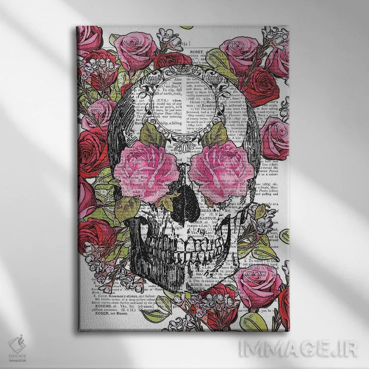 تابلو دکوراتیو جمجمه و گل های رز اثر این د فریم شاپ - نمای روبهرو روی دیوار