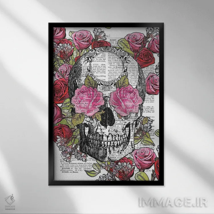 تابلو دکوراتیو جمجمه و گل های رز اثر این د فریم شاپ - نمای قابدار مشکی