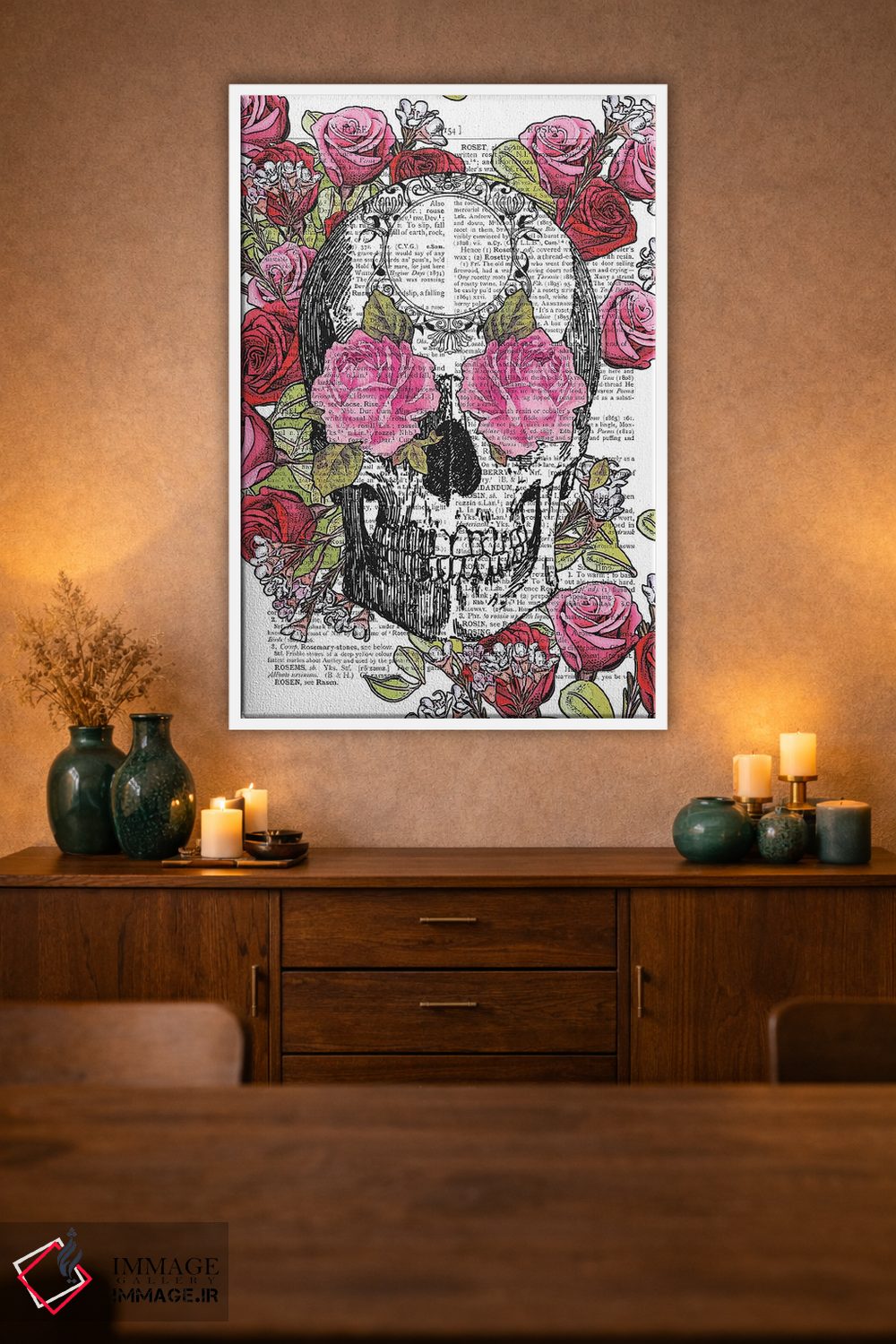 تابلو دکوراتیو جمجمه و گل های رز اثر این د فریم شاپ - D1W