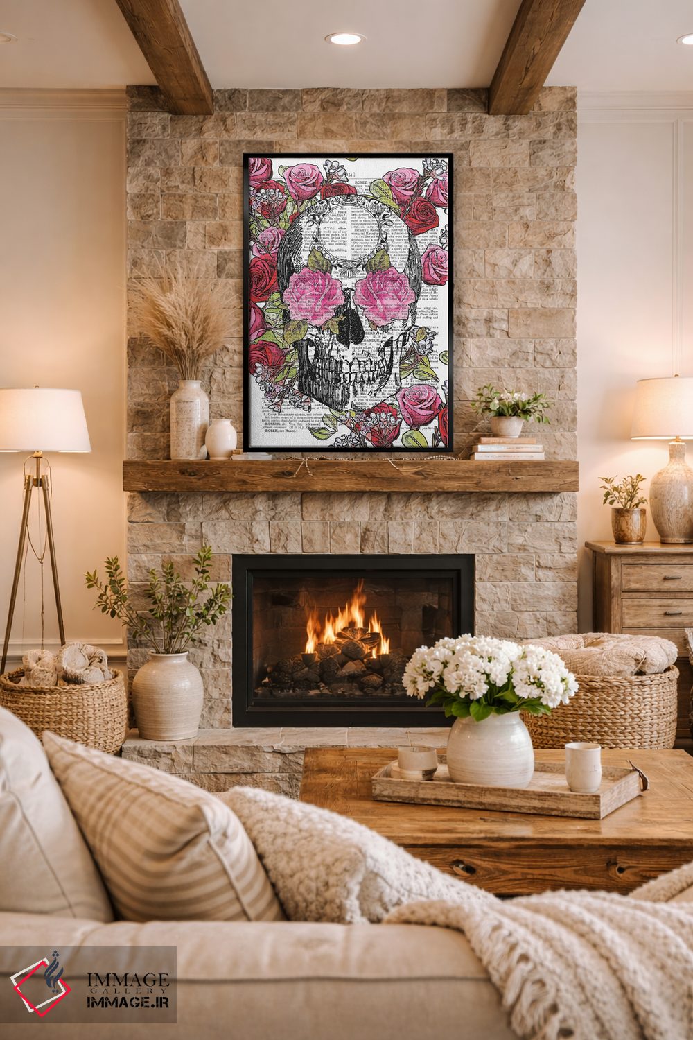 تابلو دکوراتیو جمجمه و گل های رز اثر این د فریم شاپ - D2B