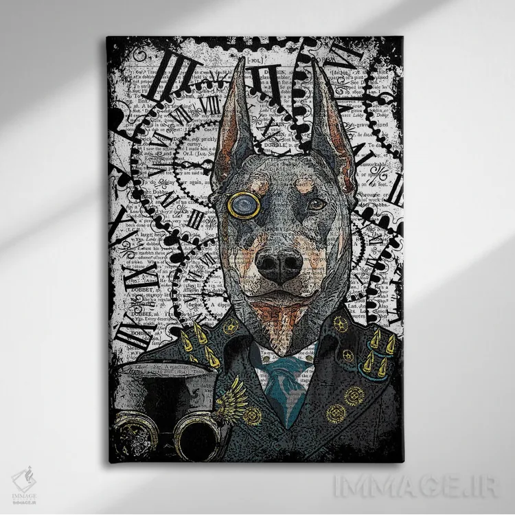 تابلو دکوراتیو دوبرمن استیم پانک اثر این د فریم شاپ - نمای روبهرو روی دیوار