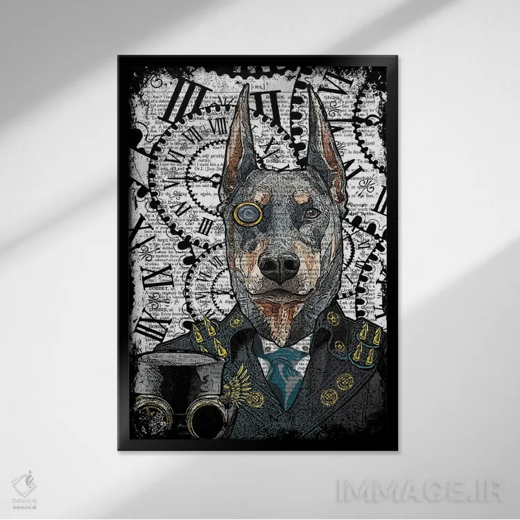 تابلو دکوراتیو دوبرمن استیم پانک اثر این د فریم شاپ - نمای قابدار مشکی