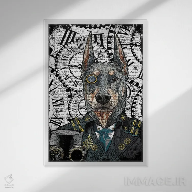 تابلو دکوراتیو دوبرمن استیم پانک اثر این د فریم شاپ - نمای قابدار سفید