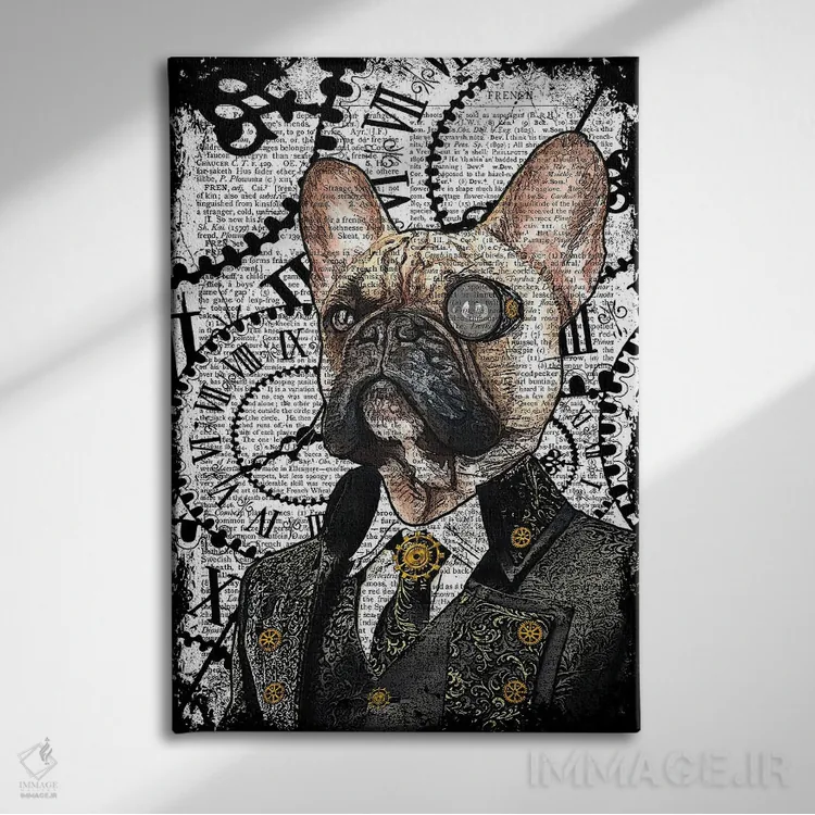 تابلو دکوراتیو بولداگ فرانسوی استیم پانک اثر این د فریم شاپ - نمای روبهرو روی دیوار