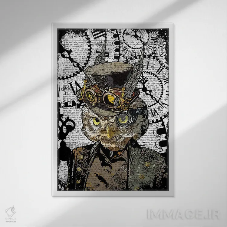 تابلو دکوراتیو جغد استیم پانک اثر این د فریم شاپ - نمای قابدار سفید