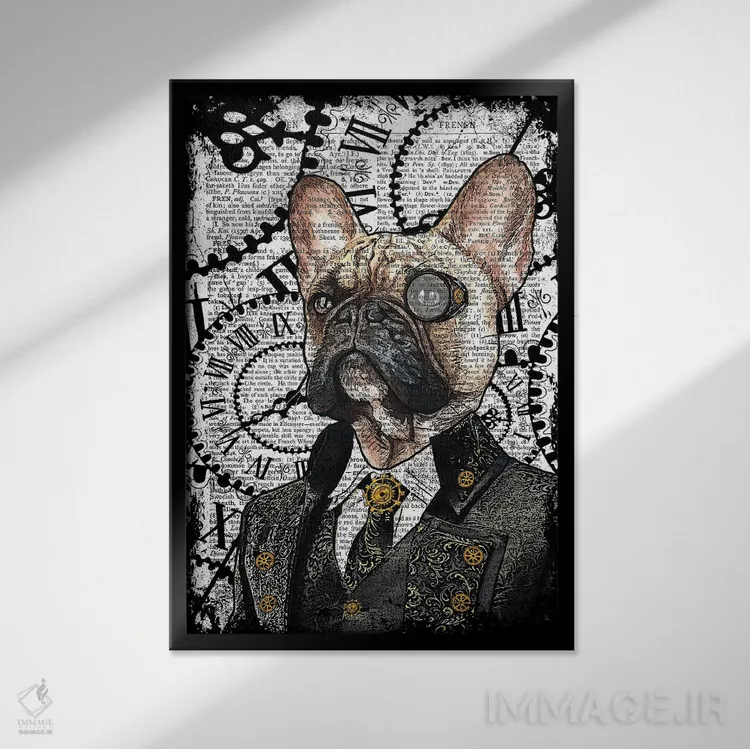 تابلو دکوراتیو بولداگ فرانسوی استیم پانک اثر این د فریم شاپ - نمای قابدار مشکی