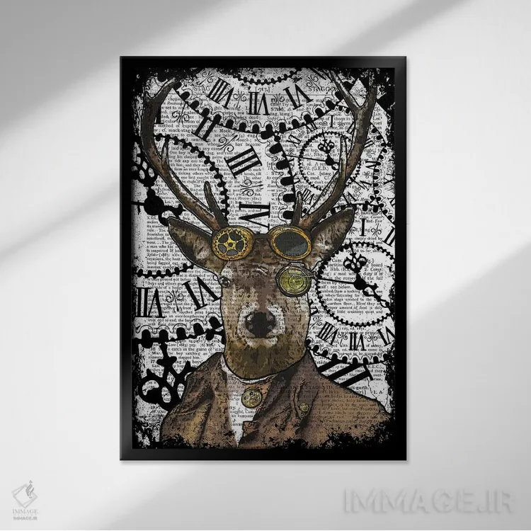 تابلو دکوراتیو گوزن استیم پانک اثر این د فریم شاپ - نمای قابدار مشکی