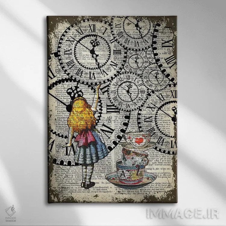 تابلو دکوراتیو آلیس در سرزمین عجایب "ساعت ها را بگیر" اثر این د فریم شاپ - نمای روبهرو روی دیوار