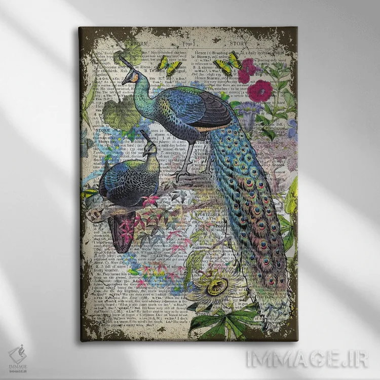 تابلو دکوراتیو طاووس ها روی شاخه اثر این د فریم شاپ - نمای روبهرو روی دیوار