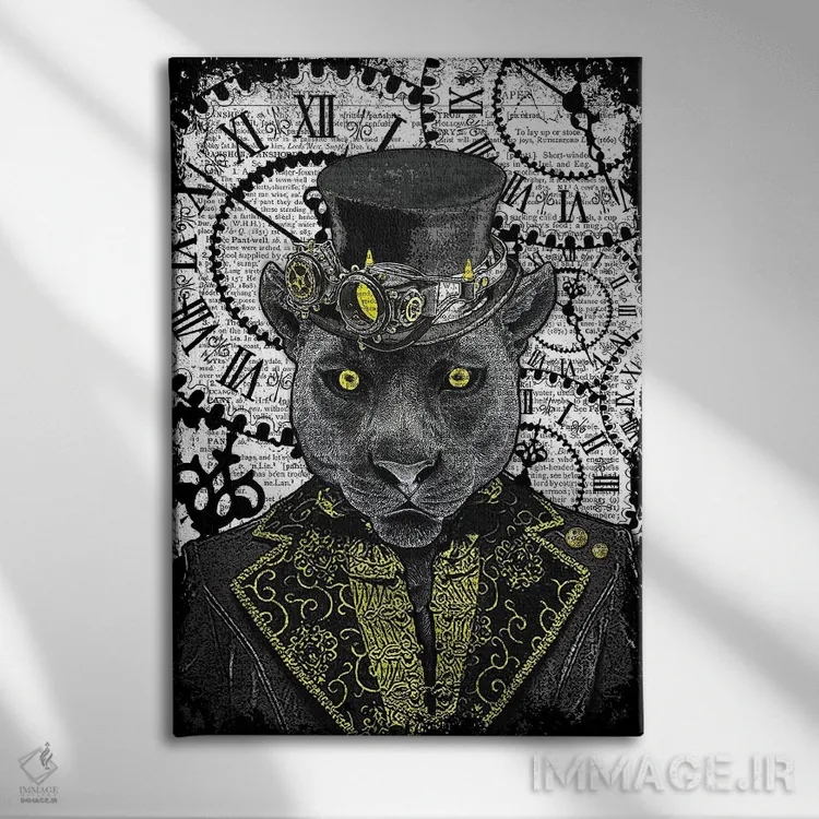 تابلو دکوراتیو پلنگ سیاه استیم پانک اثر این د فریم شاپ - نمای روبهرو روی دیوار