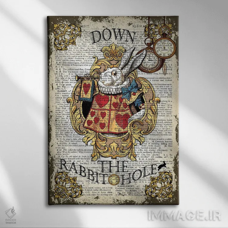 تابلو دکوراتیو آلیس در سرزمین عجایب "پایین سوراخ خرگوش" اثر این د فریم شاپ - نمای روبهرو روی دیوار