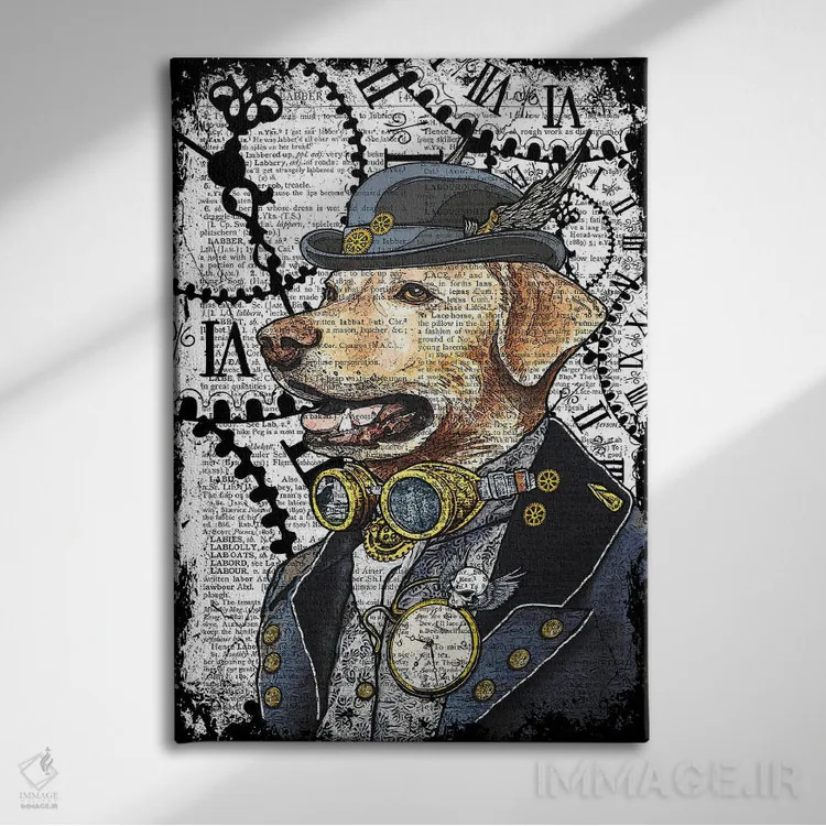 تابلو دکوراتیو لابرادور استیم پانک اثر این د فریم شاپ - نمای روبهرو روی دیوار