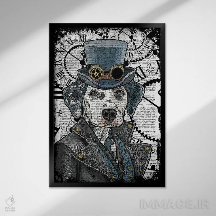 تابلو دکوراتیو دالماتین استیم پانک اثر این د فریم شاپ - نمای قابدار مشکی