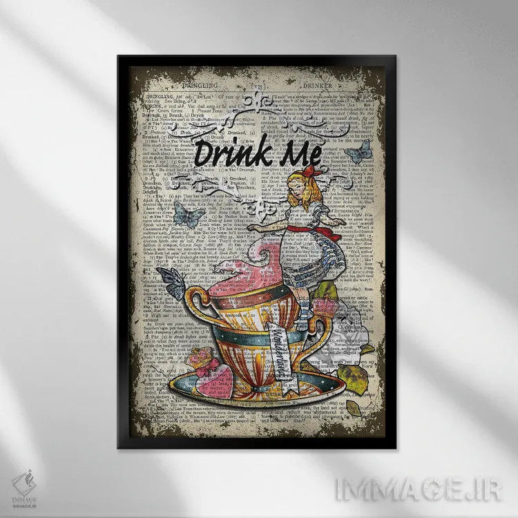 تابلو دکوراتیو آلیس در سرزمین عجایب "مرا بنوش" ۲ اثر این د فریم شاپ - نمای قابدار مشکی