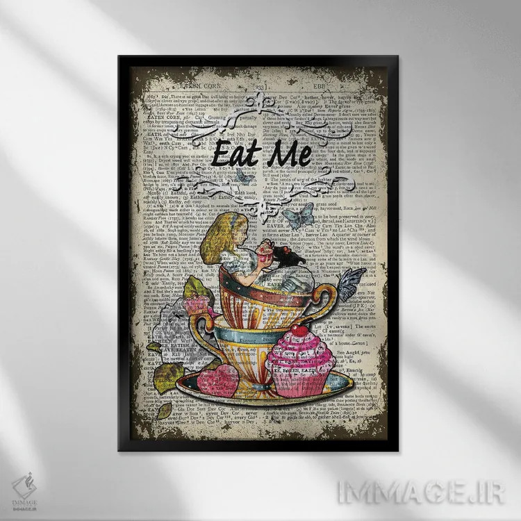تابلو دکوراتیو آلیس در سرزمین عجایب "مرا بخور" اثر این د فریم شاپ - نمای قابدار مشکی