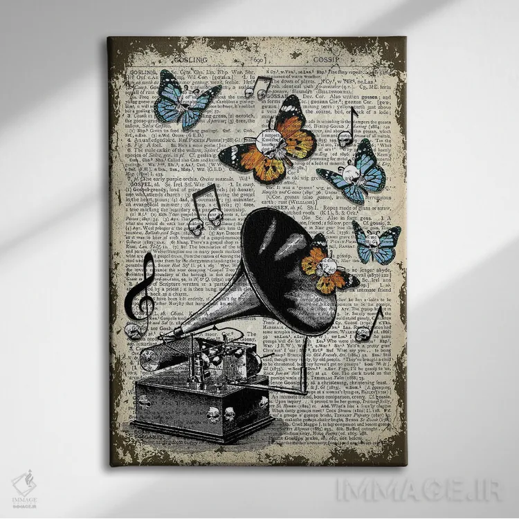 تابلو دکوراتیو گرامافون گوتیک اثر این د فریم شاپ - نمای روبهرو روی دیوار