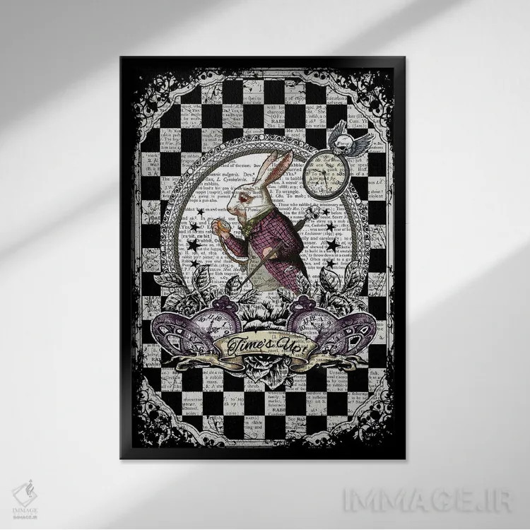 تابلو دکوراتیو آلیس در سرزمین عجایب "خرگوش سفید / وقت تمام شد" اثر این د فریم شاپ - نمای قابدار مشکی