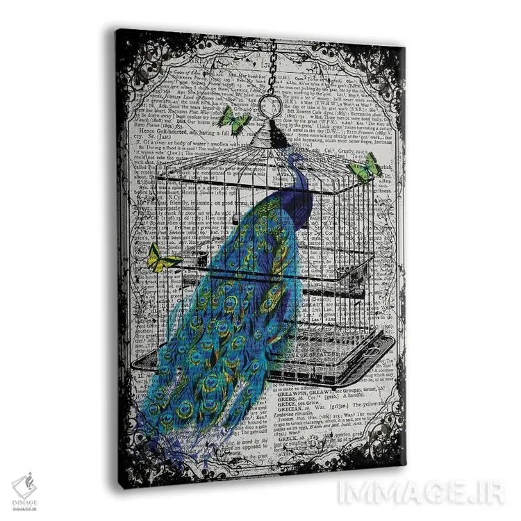 تابلو دکوراتیو یک طاووس در قفس پرنده اثر این د فریم شاپ - نمای پرسپکتیو محصول