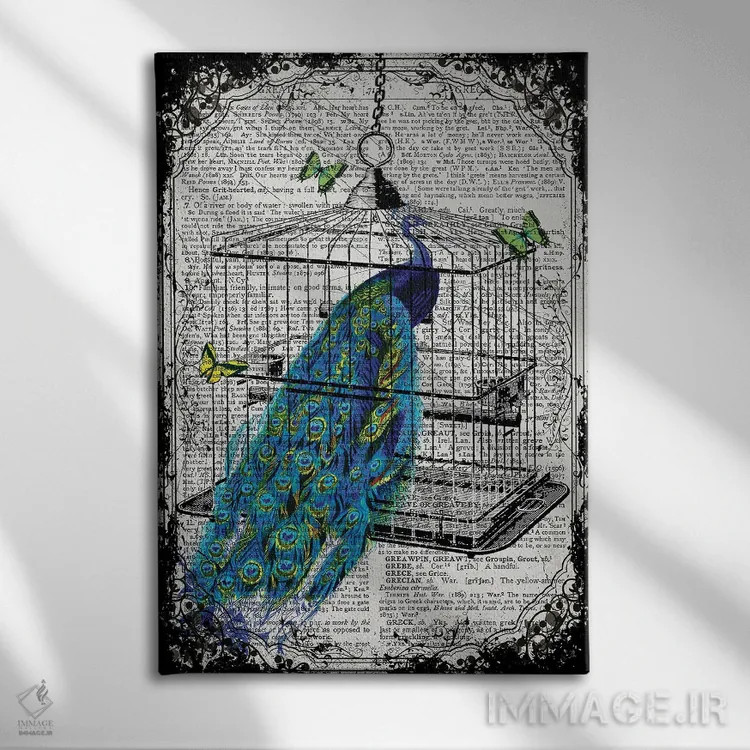 تابلو دکوراتیو یک طاووس در قفس پرنده اثر این د فریم شاپ - نمای روبهرو روی دیوار