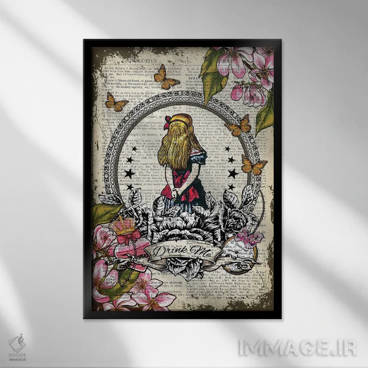 تابلو دکوراتیو آلیس در سرزمین عجایب "مرا بنوش" اثر این د فریم شاپ - نمای قابدار مشکی