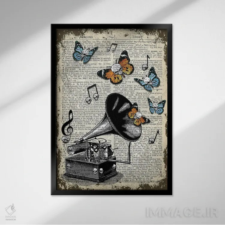 تابلو دکوراتیو گرامافون گوتیک اثر این د فریم شاپ - نمای قابدار مشکی