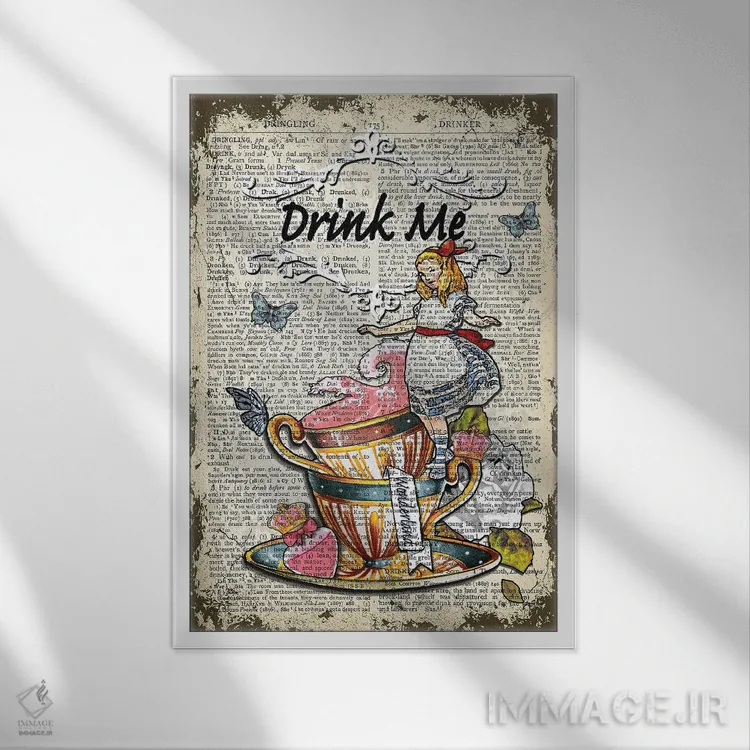 تابلو دکوراتیو آلیس در سرزمین عجایب "مرا بنوش" ۲ اثر این د فریم شاپ - نمای قابدار سفید