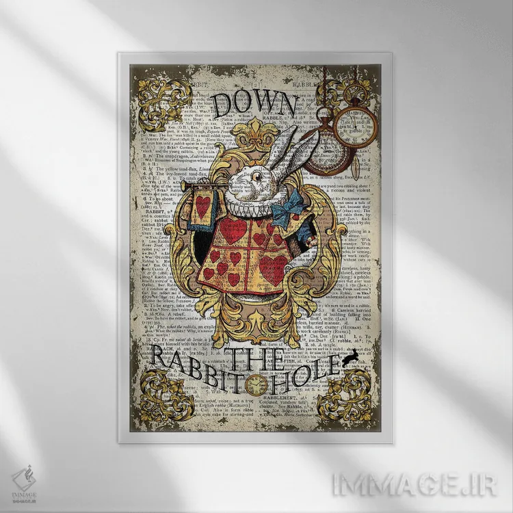 تابلو دکوراتیو آلیس در سرزمین عجایب "پایین سوراخ خرگوش" اثر این د فریم شاپ - نمای قابدار سفید