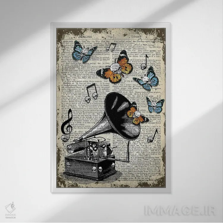 تابلو دکوراتیو گرامافون گوتیک اثر این د فریم شاپ - نمای قابدار سفید