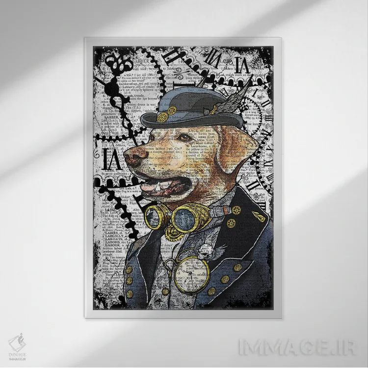 تابلو دکوراتیو لابرادور استیم پانک اثر این د فریم شاپ - نمای قابدار سفید