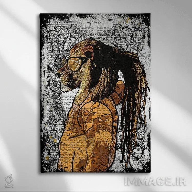 تابلو دکوراتیو شیر با موهای بافته شده اثر این د فریم شاپ - نمای روبهرو روی دیوار