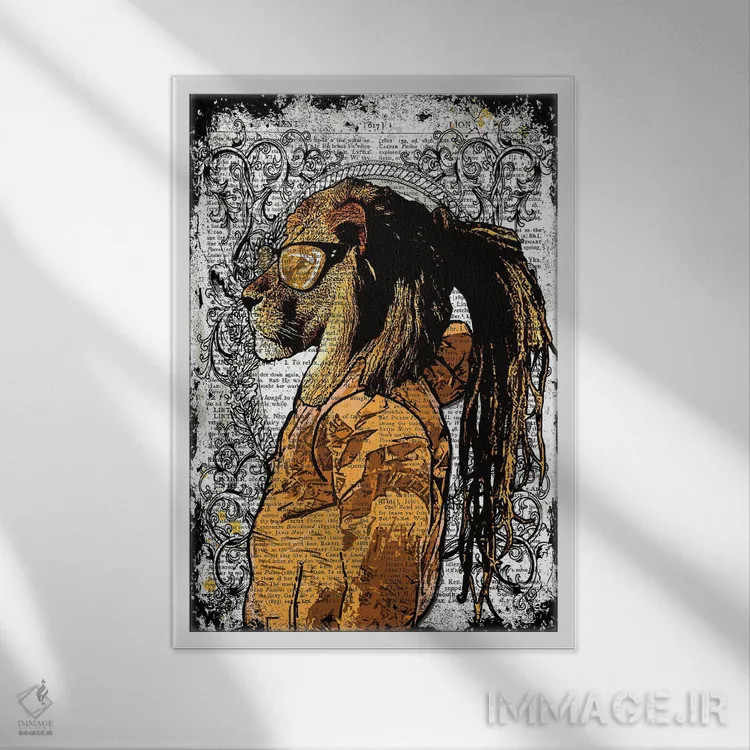 تابلو دکوراتیو شیر با موهای بافته شده اثر این د فریم شاپ - نمای قابدار سفید