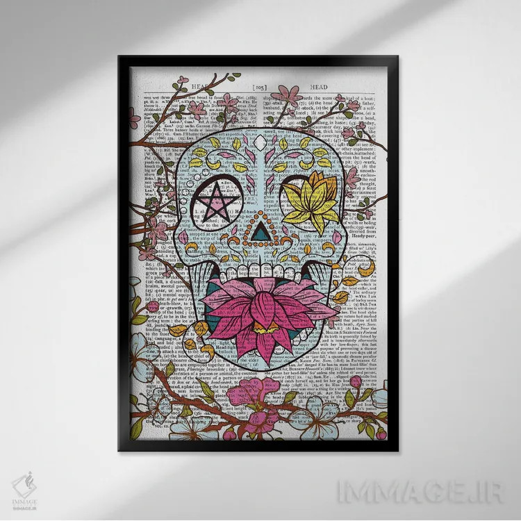 تابلو دکوراتیو جمجمه مکزیکی اثر این د فریم شاپ - نمای قابدار مشکی