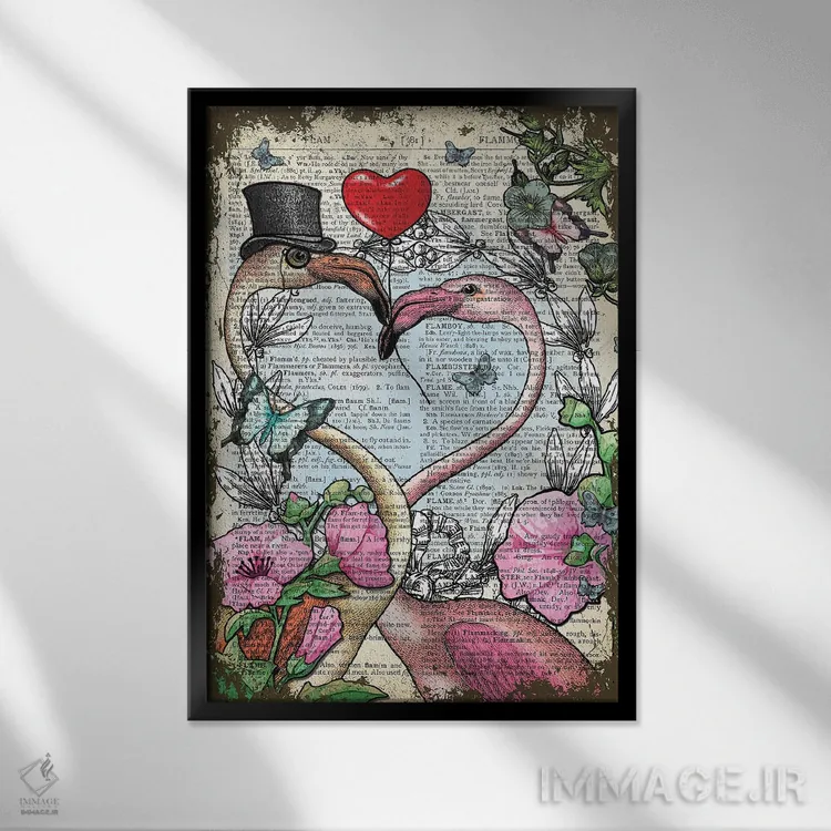 تابلو دکوراتیو فلامینگوهای عاشق اثر این د فریم شاپ - نمای قابدار مشکی