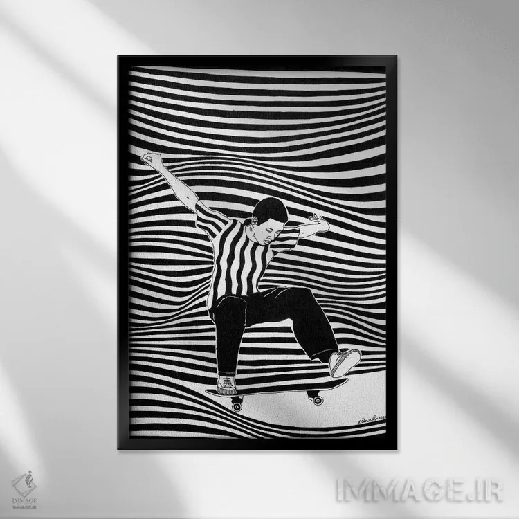 تابلو دکوراتیو اسکیت برد اثر ابراهیم اونال - نمای قابدار مشکی