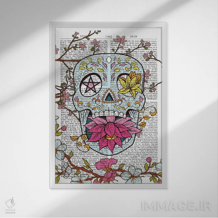 تابلو دکوراتیو جمجمه مکزیکی اثر این د فریم شاپ - نمای قابدار سفید