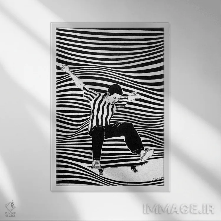 تابلو دکوراتیو اسکیت برد اثر ابراهیم اونال - نمای قابدار سفید