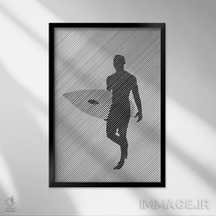 تابلو دکوراتیو هنگام رفتن به موج سواری اثر ابراهیم اونال - نمای قابدار مشکی