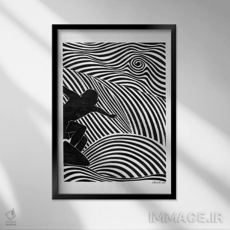 تابلو دکوراتیو مردان موج سوار III اثر ابراهیم اونال - نمای قابدار مشکی