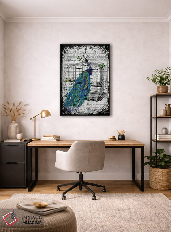 تابلو دکوراتیو یک طاووس در قفس پرنده اثر این د فریم شاپ - D3B